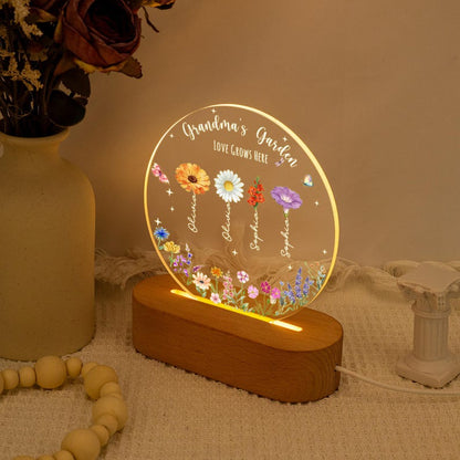 Personalized Grandma's Garden Night Light, Birth Month Flower LED Lamp, Mother's Day Gift
