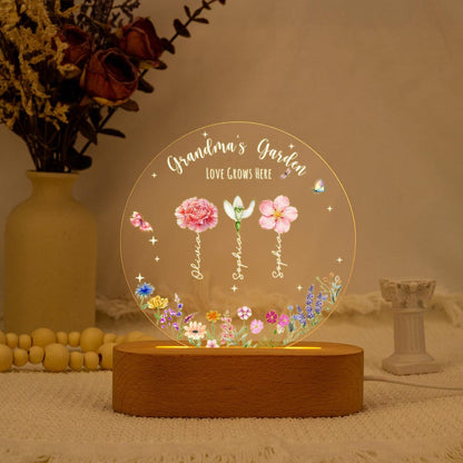 Personalized Grandma's Garden Night Light, Birth Month Flower LED Lamp, Mother's Day Gift