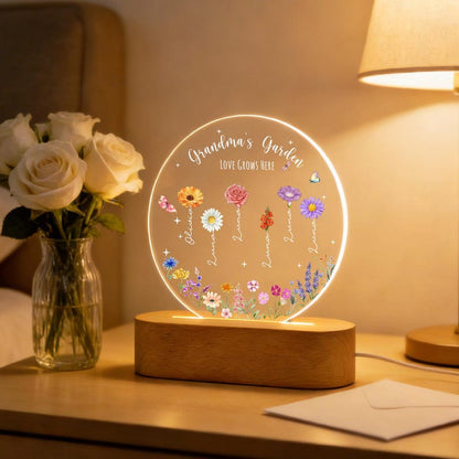 Personalized Grandma's Garden Night Light, Birth Month Flower LED Lamp, Mother's Day Gift