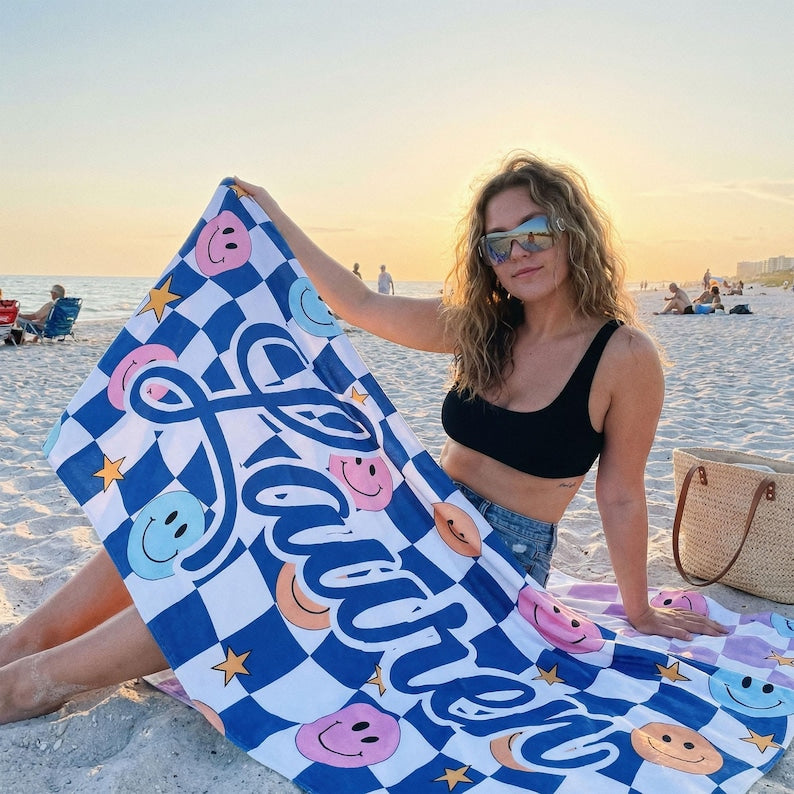 Custom Checkered Smiley Beach Towel, Personalized Name Smiley Face Beach Towel