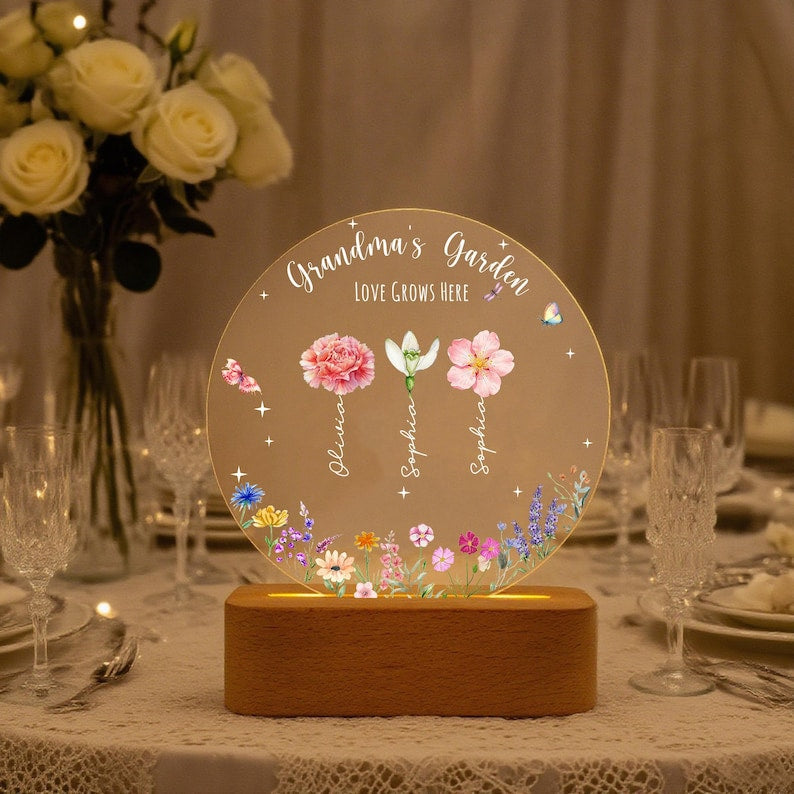 Personalized Grandma's Garden Night Light, Birth Month Flower LED Lamp, Mother's Day Gift