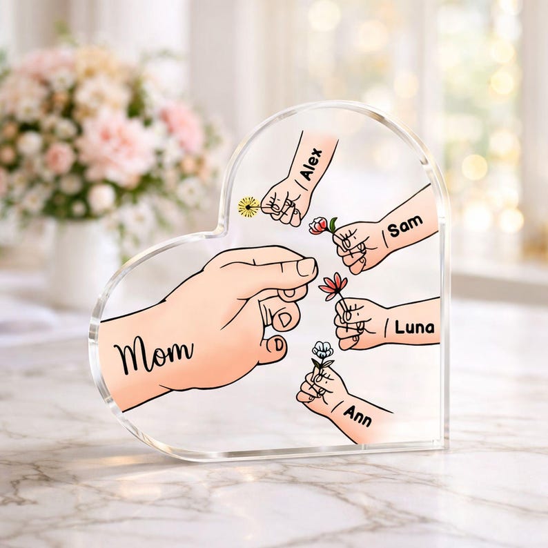 Personalized Name Mom And Kid Hands Heart Acrylic Plaque