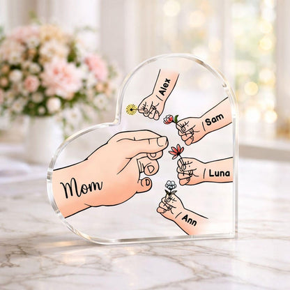 Personalized Name Mom And Kid Hands Heart Acrylic Plaque