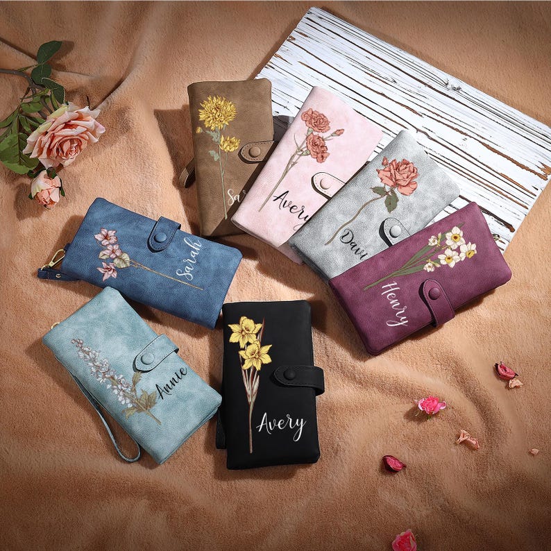 Personalized Birth Flower Leather Wallet For Women Gift for Mom Custom Birth Flower Wallet