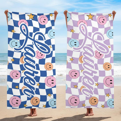 Custom Checkered Smiley Beach Towel, Personalized Name Smiley Face Beach Towel