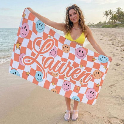 Custom Checkered Smiley Beach Towel, Personalized Name Smiley Face Beach Towel