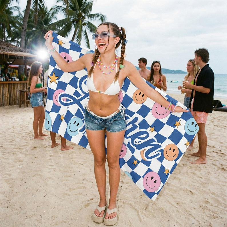 Custom Checkered Smiley Beach Towel, Personalized Name Smiley Face Beach Towel