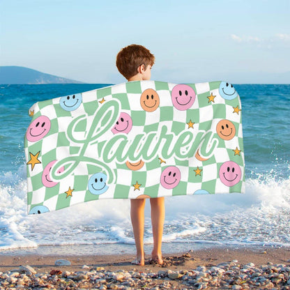 Custom Checkered Smiley Beach Towel, Personalized Name Smiley Face Beach Towel
