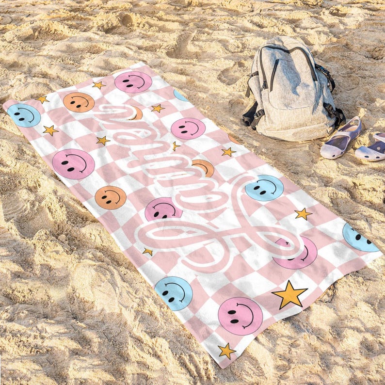 Custom Checkered Smiley Beach Towel, Personalized Name Smiley Face Beach Towel