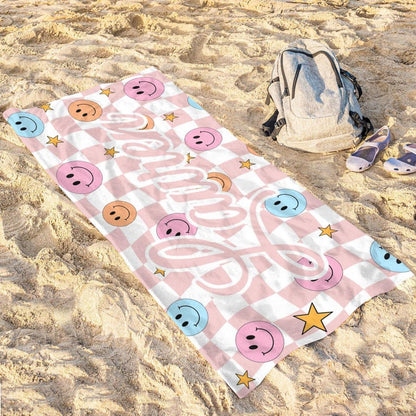 Custom Checkered Smiley Beach Towel, Personalized Name Smiley Face Beach Towel