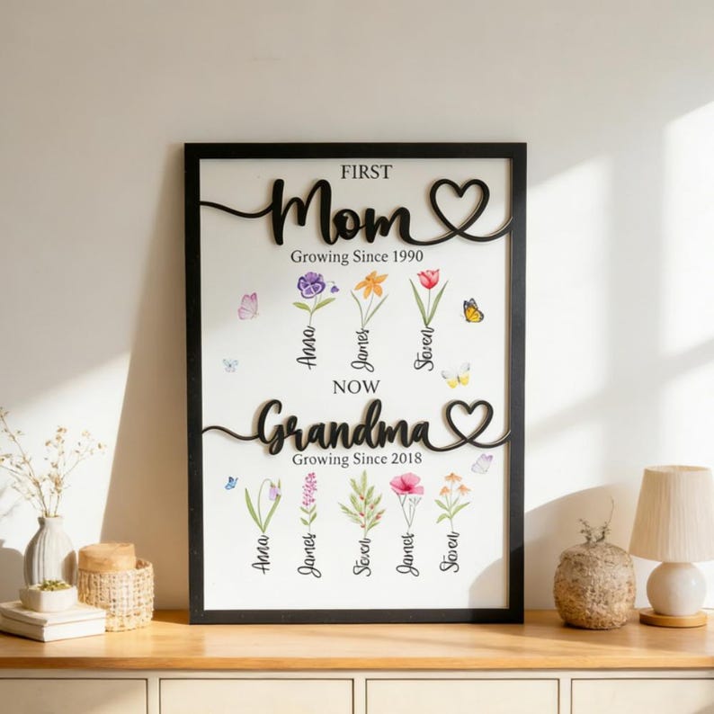 Grandma's Gift Personalized Flower Birth Month Garden Wooden Sign Frame