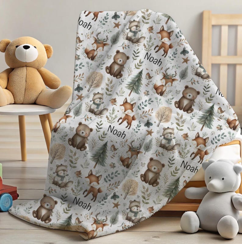 Woodland Animal Blanket Personalized Plush Velveteen Baby Throw for Kids