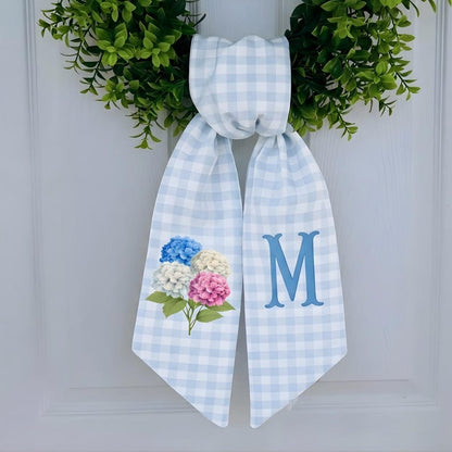 Personalized Blue Gingham Spring Wreath Sash With Hydrangea Monogram Front Door Bow