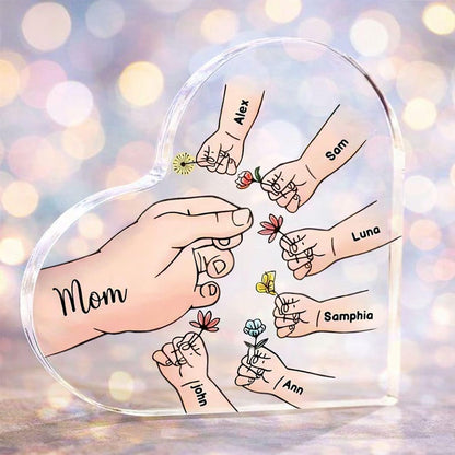 Personalized Name Mom And Kid Hands Heart Acrylic Plaque