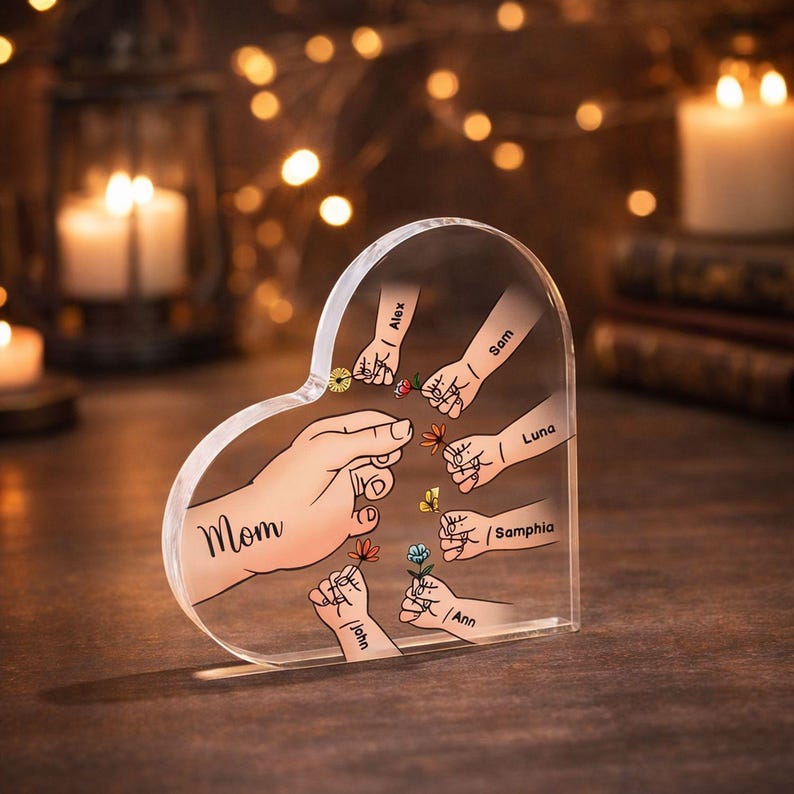 Personalized Name Mom And Kid Hands Heart Acrylic Plaque