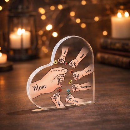 Personalized Name Mom And Kid Hands Heart Acrylic Plaque