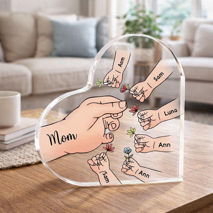 Personalized Name Mom And Kid Hands Heart Acrylic Plaque