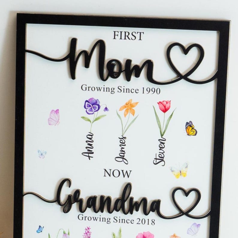 Grandma's Gift Personalized Flower Birth Month Garden Wooden Sign Frame