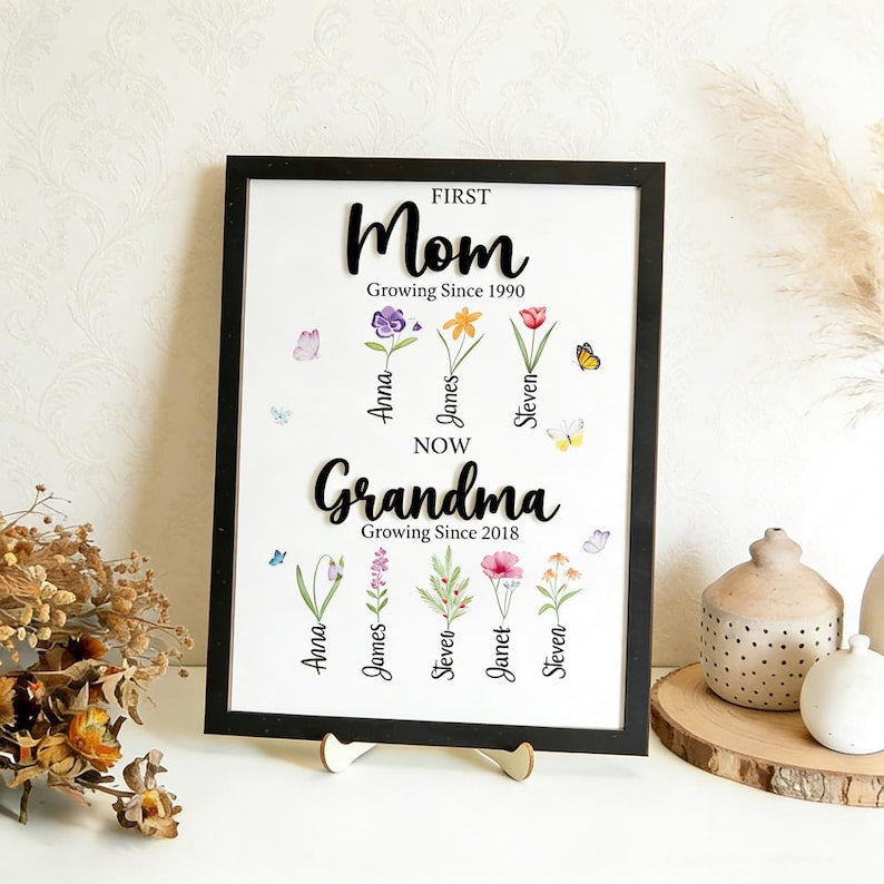 Grandma's Gift Personalized Flower Birth Month Garden Wooden Sign Frame