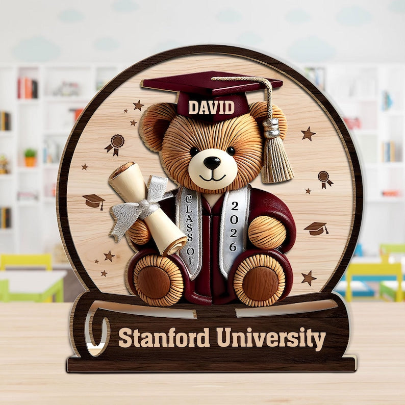 Personalized Faux Wood Graduation Bear Acrylic Plaque