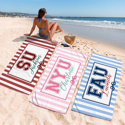 Personalized School Striped Beach Towel with Bow: College University Pride Spirit Gift,