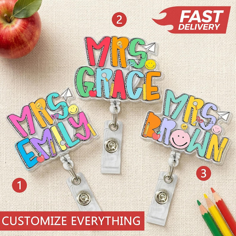 Custom Groovy Teacher Name Badge Reel: Personalized ID Clip