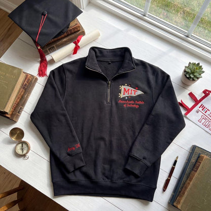 Embroidered Custom University Quarter Zip, Personalized College Name Pennant Crewneck