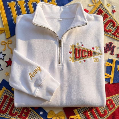 Embroidered Custom University Quarter Zip, Personalized College Name Pennant Crewneck