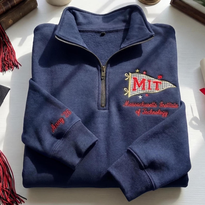 Embroidered Custom University Quarter Zip, Personalized College Name Pennant Crewneck