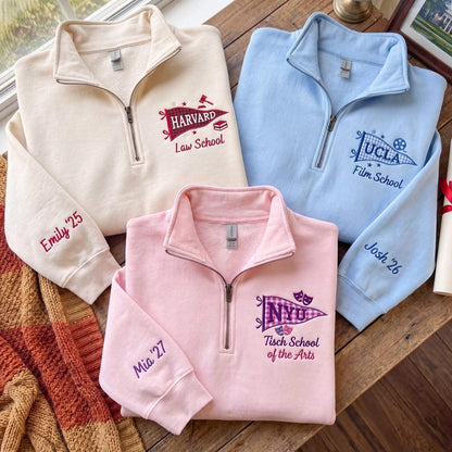Embroidered Custom University Quarter Zip, Personalized College Name Pennant Crewneck