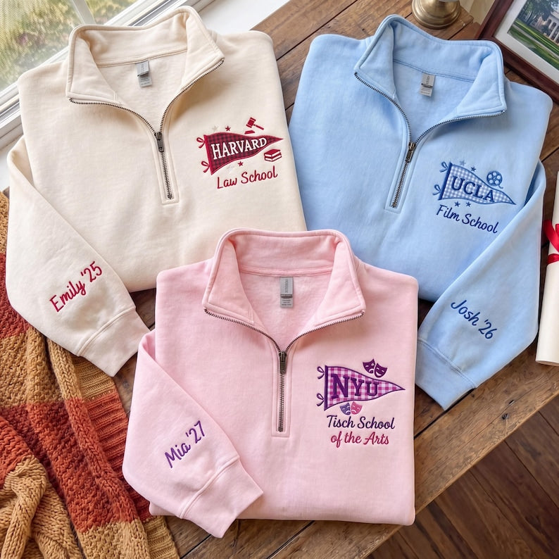 Embroidered Custom University Quarter Zip, Personalized College Name Pennant Crewneck