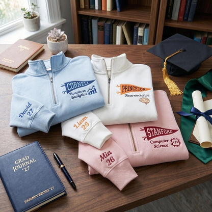 Custom University Embroidered Quarter Zip, Personalized College Name Pennant Crewneck