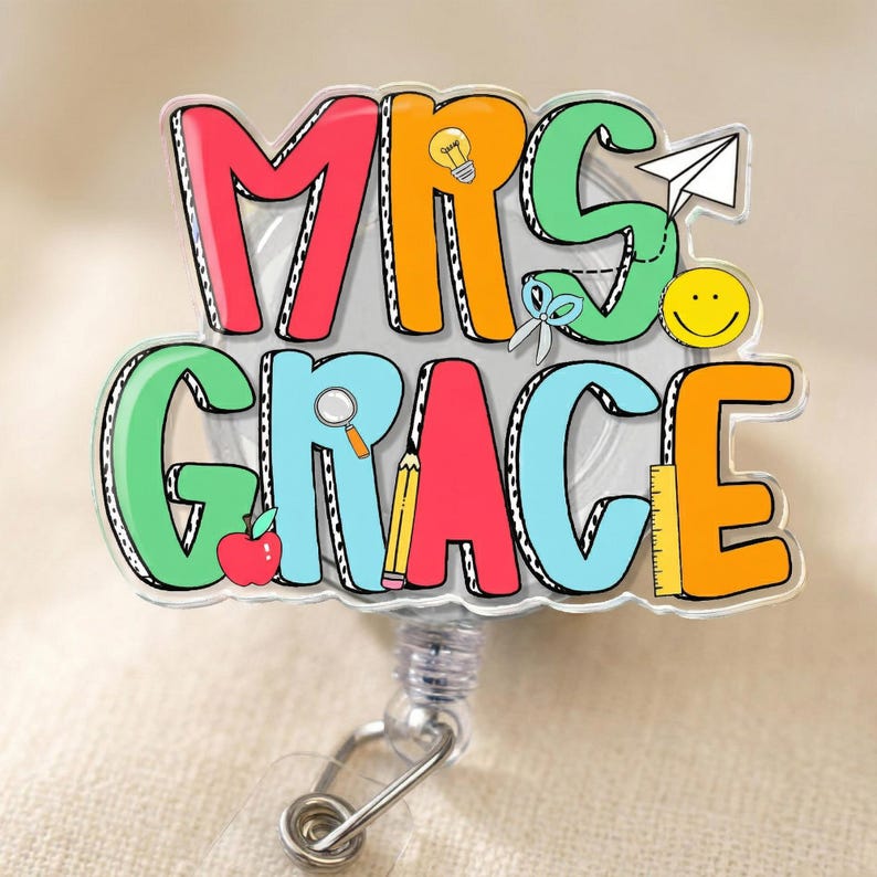 Custom Groovy Teacher Name Badge Reel: Personalized ID Clip