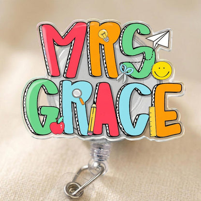 Custom Groovy Teacher Name Badge Reel: Personalized ID Clip