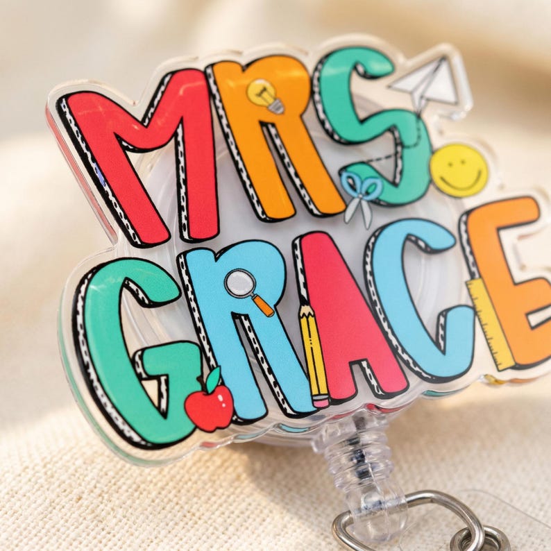 Custom Groovy Teacher Name Badge Reel: Personalized ID Clip