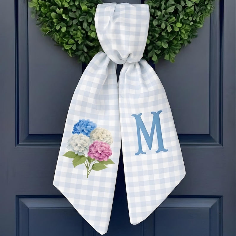 Personalized Blue Gingham Spring Wreath Sash With Hydrangea Monogram Front Door Bow