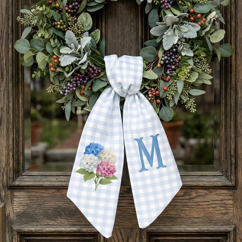 Personalized Blue Gingham Spring Wreath Sash With Hydrangea Monogram Front Door Bow