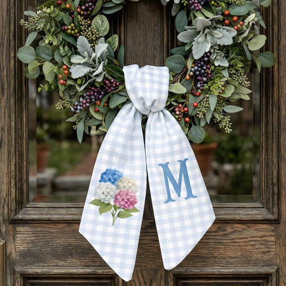 Personalized Blue Gingham Spring Wreath Sash With Hydrangea Monogram Front Door Bow