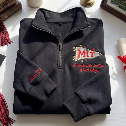 Embroidered Custom University Quarter Zip, Personalized College Name Pennant Crewneck