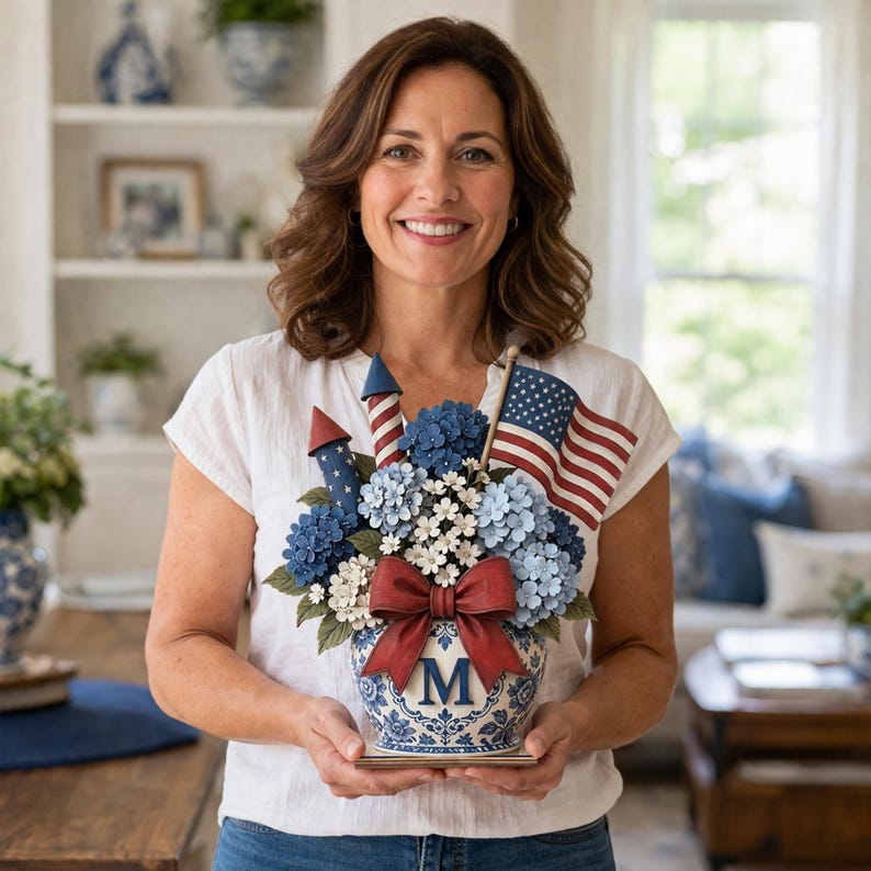Custom Initial Door Hanger, Patriotic Floral Jar Front Door Decor