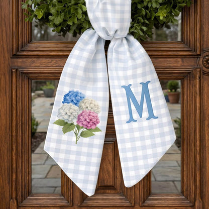 Personalized Blue Gingham Spring Wreath Sash With Hydrangea Monogram Front Door Bow
