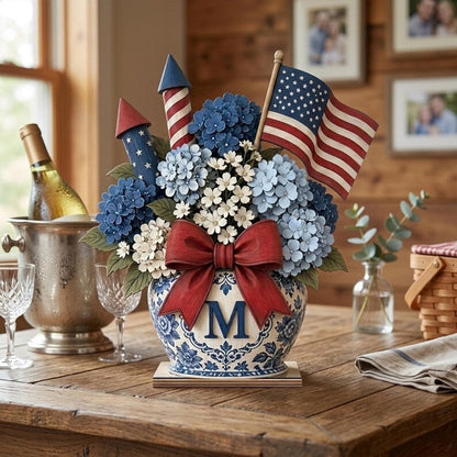 Custom Initial Door Hanger, Patriotic Floral Jar Front Door Decor