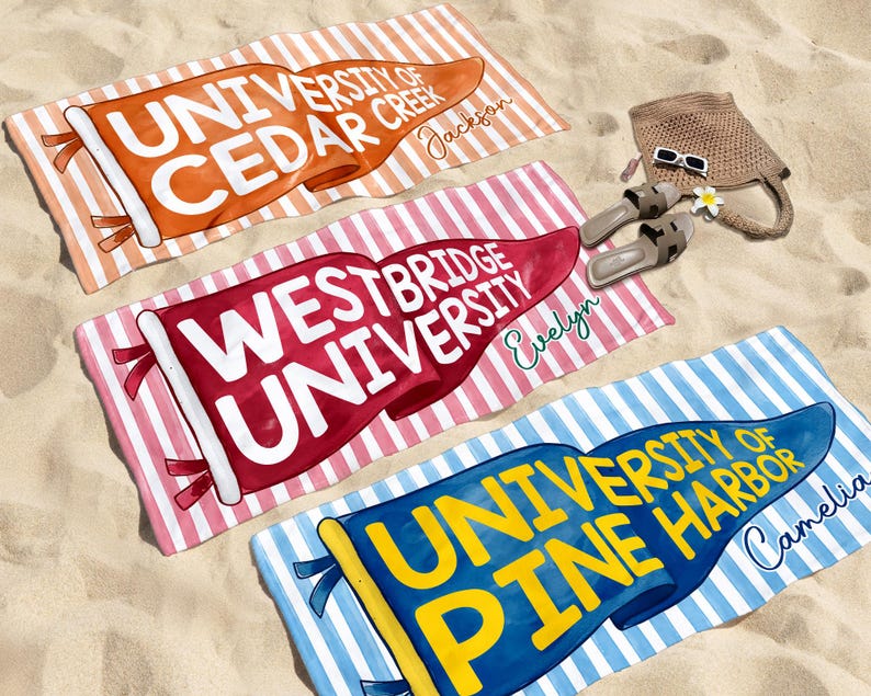Personalized College Pennant Beach Towel, School Banner School Spirit Beach Towel