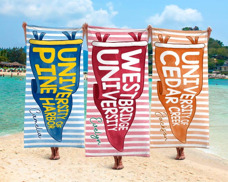 Personalized College Pennant Beach Towel, School Banner School Spirit Beach Towel