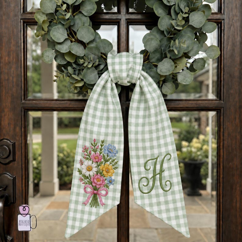 Personalized Flower Wreath Sash Custom Monogram Letter Sash, Floral Door Scarf