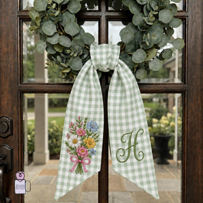 Personalized Flower Wreath Sash Custom Monogram Letter Sash, Floral Door Scarf