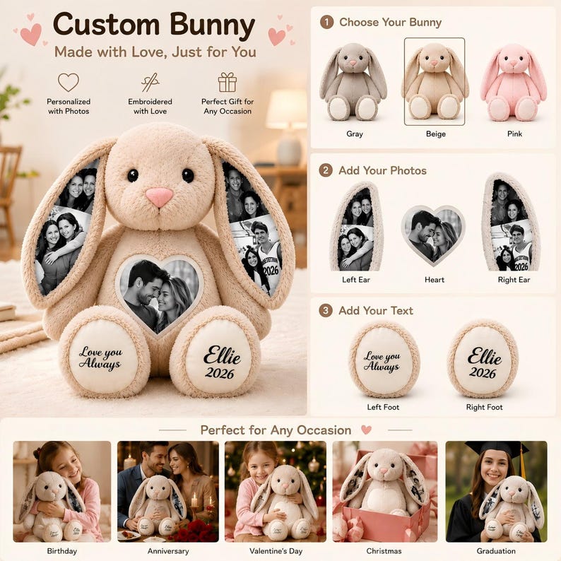 Personalized Plush Bunny with Custom Photo – Hidden Ear Stuffed Animal Gift for Couples