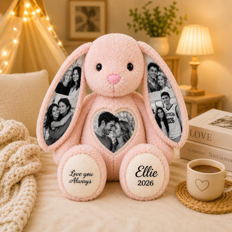 Personalized Plush Bunny with Custom Photo – Hidden Ear Stuffed Animal Gift for Couples