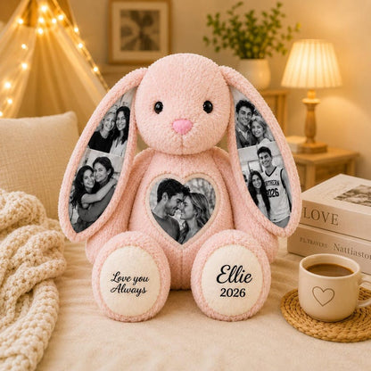 Personalized Plush Bunny with Custom Photo – Hidden Ear Stuffed Animal Gift for Couples