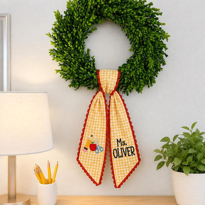 Personalized Teacher Door Wreath Bow, Custom Name Gingham Wreath Sash